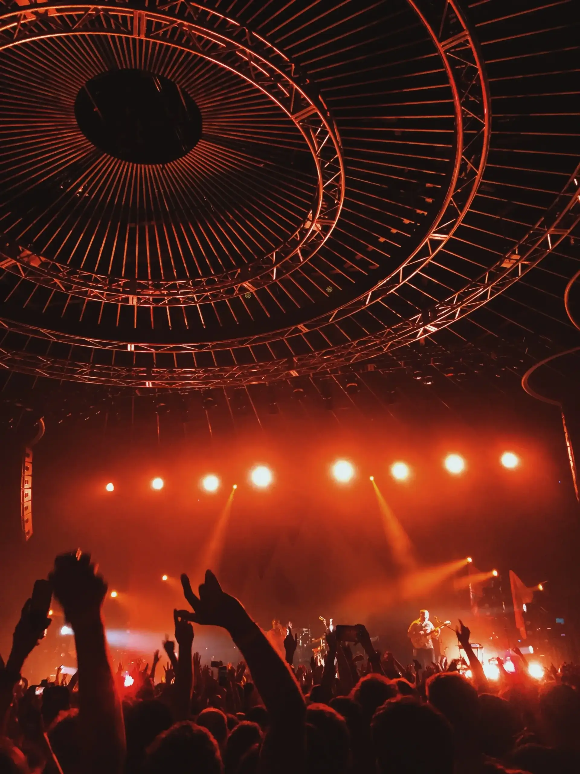 public en concert avec les mains en l'air.